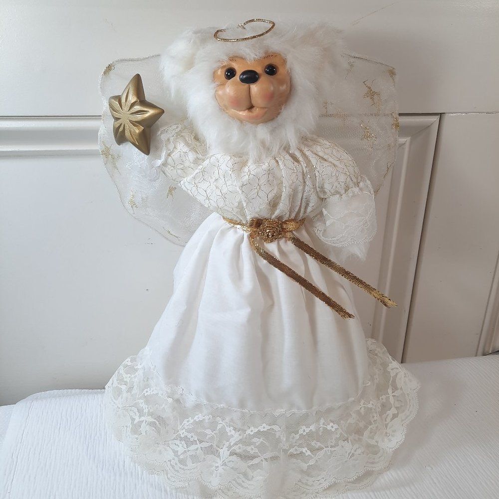 Vintage Robert‎ Raikes Angela Angel Bear Christmas Tree Topper white gold star
